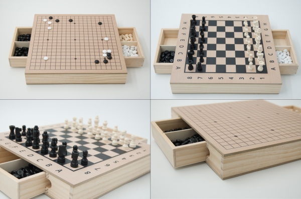 Wooden Go & Chess Box with Drawers, beech veneer